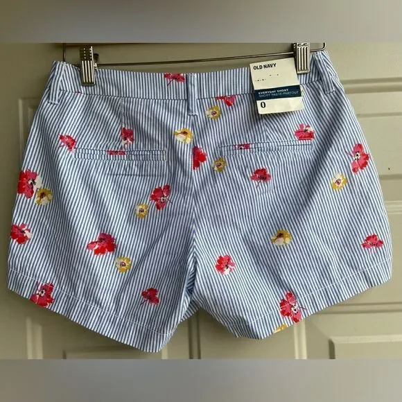 Old Navy Women's Everyday Short Sz 0 Blue White Stripe Floral Flat Front Shorts - Picture 4 of 11